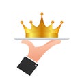 Crown of king hanging over hand with tray isolated on white background. Gold royal icon. Vector stock illustration. Royalty Free Stock Photo