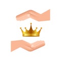 Crown of king hanging over hands isolated on white background. Gold royal icon. Vector stock illustration. Royalty Free Stock Photo