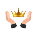 Crown of king hanging over hands isolated on white background. Gold royal icon. Vector stock illustration. Royalty Free Stock Photo