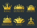 Crown king vintage premium golden badge heraldic ornament luxury kingdomsign vector illustration.