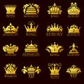 Crown king vintage premium golden yellow badge heraldic ornament icon tiara logo and luxury emblem kingdom princess