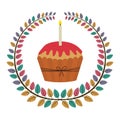 crown of leaves with cupcake with red cream and candle Royalty Free Stock Photo