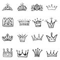 Crown logo graffiti hand drawn icon. Black elements isolated on white background. Hand drawn set of different crown and tiara for