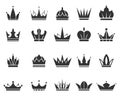 Crown logo, king and queen icons. Royalty emblem black silhouettes, modern ornate elements, prince and princess award