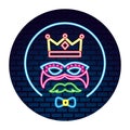 crown mask mustache bowtie neon brick wall label