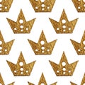 Crown pattern. Hand painted seamless background. Vintage gold illustration.