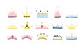 Crown set. Hand drawn king and queen, prince and princess head accessory, cartoon cute kids print or poster design element, blue