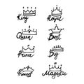 Crown set. Hand drawn king and queen, prince and princess head accessory, ink drawing emblem or badge template with lettering,
