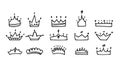 Crown set. Hand drawn king and queen, prince and princess head accessory, ink drawing logo, emblem or badge template, doodle black