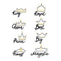 Crown set. Hand drawn king and queen, prince and princess head accessory, line emblem or badge template with lettering, doodle