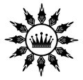 Crown in stylized sun, Tattoo, black and white, isolated.