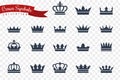 Crown symbols. King queen crowns monarch imperial coronation princess tiara crest luxury royal jewel winner award flat Royalty Free Stock Photo