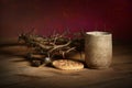 Crown of Thorns, Cup, Nails and Bread Royalty Free Stock Photo