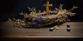 The crown of thorns of Jesus with cross on old wood background. Easter concept. Banner. Royalty Free Stock Photo