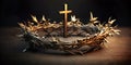 The crown of thorns of Jesus with cross on old wood background. Easter concept. Banner. Royalty Free Stock Photo