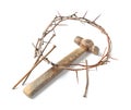 Crown of thorns, nails and hammer on white background. Easter attributes Royalty Free Stock Photo