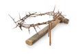 Crown of thorns, nails and hammer on white background. Easter attributes Royalty Free Stock Photo