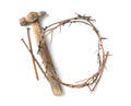 Crown of thorns, nails and hammer on white background, top view. Easter attributes Royalty Free Stock Photo