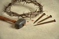 Crown of Thorns with nails and Mallet Royalty Free Stock Photo