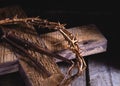 Crown of Thorns and Nails on a Wooden Cross Royalty Free Stock Photo