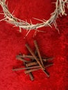 Crown of Thorns and Spikes on Red Background. Royalty Free Stock Photo