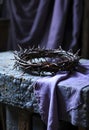 Crown Of Thorns On Stone With Purple Cloth Symbolizing Sacrifice And Devotion Royalty Free Stock Photo