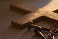 Crown of thorns, wooden cross and nails. Passion Of Jesus Christ concept