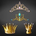 Crown, tiara, gold diadem for princess, queen set Royalty Free Stock Photo