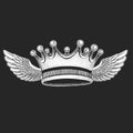 Crown with wings. Cool emblem for rock festival. King, queen, princess. Grunge design illustration. Art for t-shirt