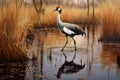 crowned crane bird wading in marshy wetlands
