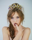 Crowned dark beauty queen. My hair is my treasure Brunette woman fashion model girl beautiful shiny makeup eyeshadow