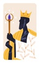 Crowned king majesty with magic wand stick, mystic esoteric power. Authority, royal noble energy concept. Monarch leader