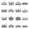 Crowns coronets diadems of king czar black silhouette bold icons set isolated on white