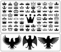 Crowns and eagle rampant. Set of Heraldry elements design collection. Vector illustration. Royalty Free Stock Photo