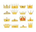 crowns with gems and diamonds set. A symbol of authority. Headpiece of the King. Icon denoting success and insignia. Gold crown