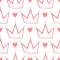 Crowns and hearts drawn by hand. Cute seamless pattern. Sketch, doodle.