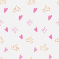 Crowns, hearts isolated on white background. Seamless pattern drawn by hand. Cute vector illustration Royalty Free Stock Photo