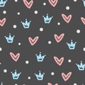 Crowns, hearts, round dots. Seamless pattern drawn by hand.