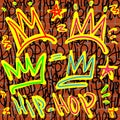 Crowns and hip hop lettering with graffiti style on a brick wall background. Music print. Vector illustration. Royalty Free Stock Photo