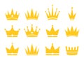 Crowns for king, queen, princess and prince. Gold icons for royal decoration. Silhouette of golden crown is symbol wealth and
