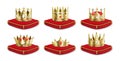 Crowns on pillow. Realistic 3D golden king and queen headdress collection, luxury medieval monarch set. Vector isolated