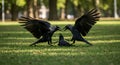 Crows Arguing on the Grass with One Crow Sitting Down Royalty Free Stock Photo