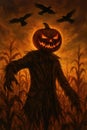 Crows Circle the Smiling Pumpkin Guardian Royalty Free Stock Photo