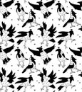 Crows in crowns black and white seamless pattern