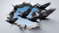 Crows flying through a cracked wall into blue sky, freedom and escape concept with cinematic lighting Royalty Free Stock Photo