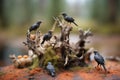 crows pecking at a dead tree stump in a forest clearing Royalty Free Stock Photo