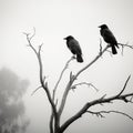 Ai Generated illustration Wildlife Concept of Crows perch on tree top branch