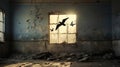 Crows in a ruined school building