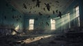 Crows in a ruined school building