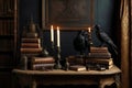 Crows sitting amongst antique books, candles and other things.